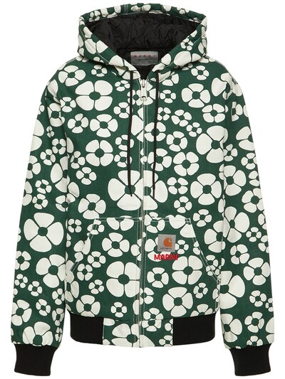 Cotton canvas print zip up hooded jacket - Marni - women