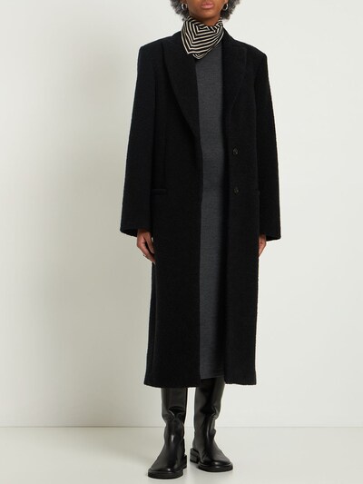 Toteme - Peak lapel bouclé wool long coat - Black | Luisaviaroma