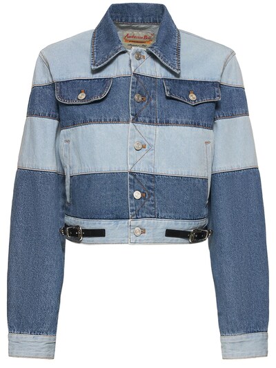 Blue Frayed Patchwork Denim Jacket, Denim