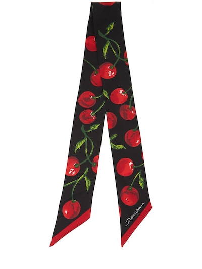 Cherry Printed Silk Twill Scarf in Black - Dolce Gabbana