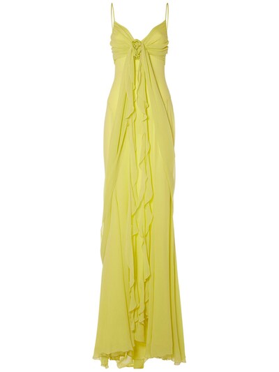 Ruffled silk long dress w/rose - Blumarine - Women | Luisaviaroma