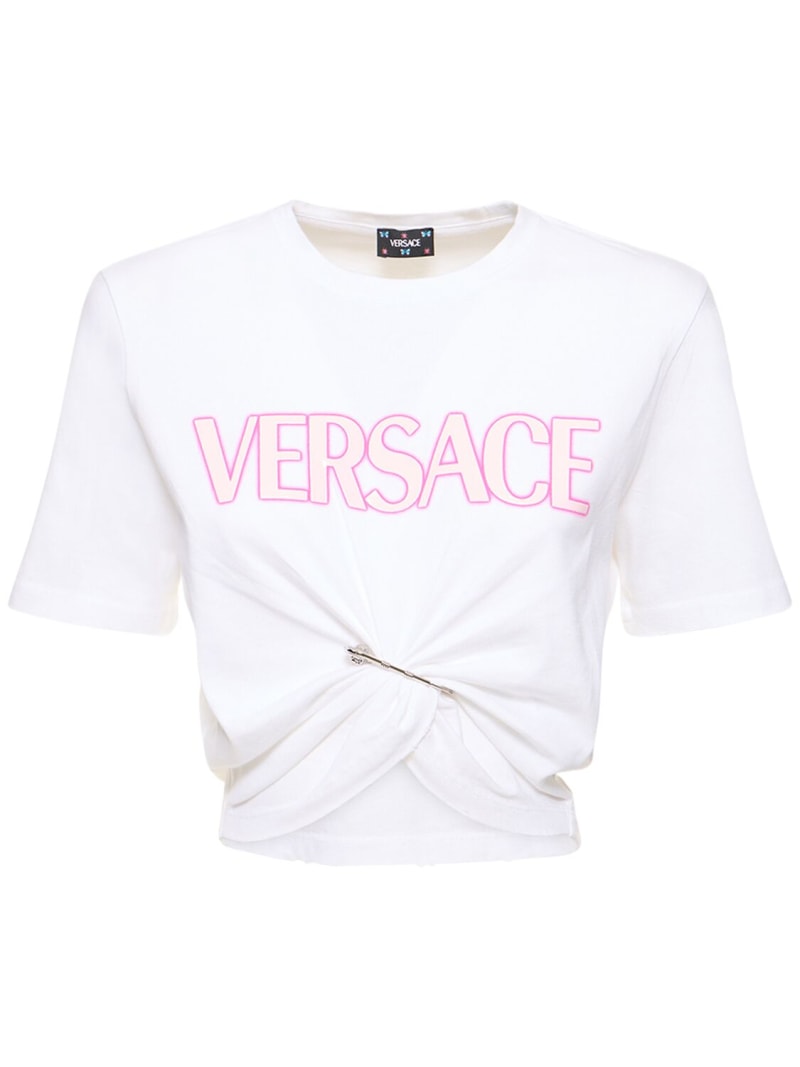 Logo print cotton crop t-shirt w/pin - Versace - Women | Luisaviaroma