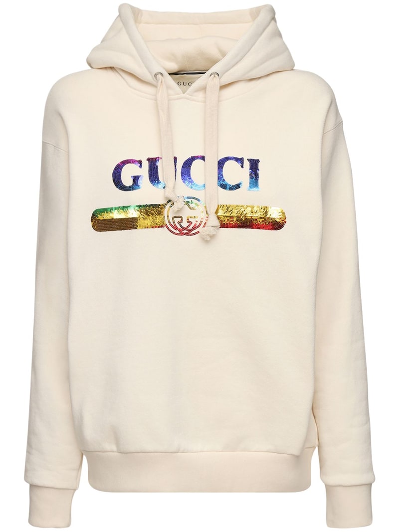 Gucci - Sequined logo cotton sweatshirt hoodie - | Luisaviaroma
