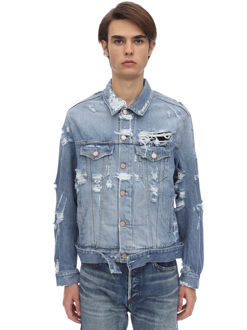Vetements - Destroyed logo cotton denim jacket - Blue | Luisaviaroma
