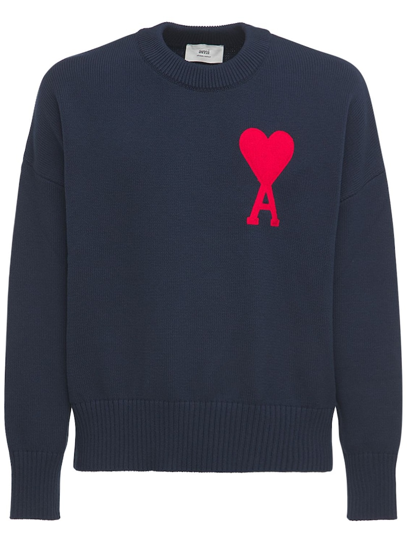 AMI Paris - Logo over cotton & wool knit sweater - Navy | Luisaviaroma