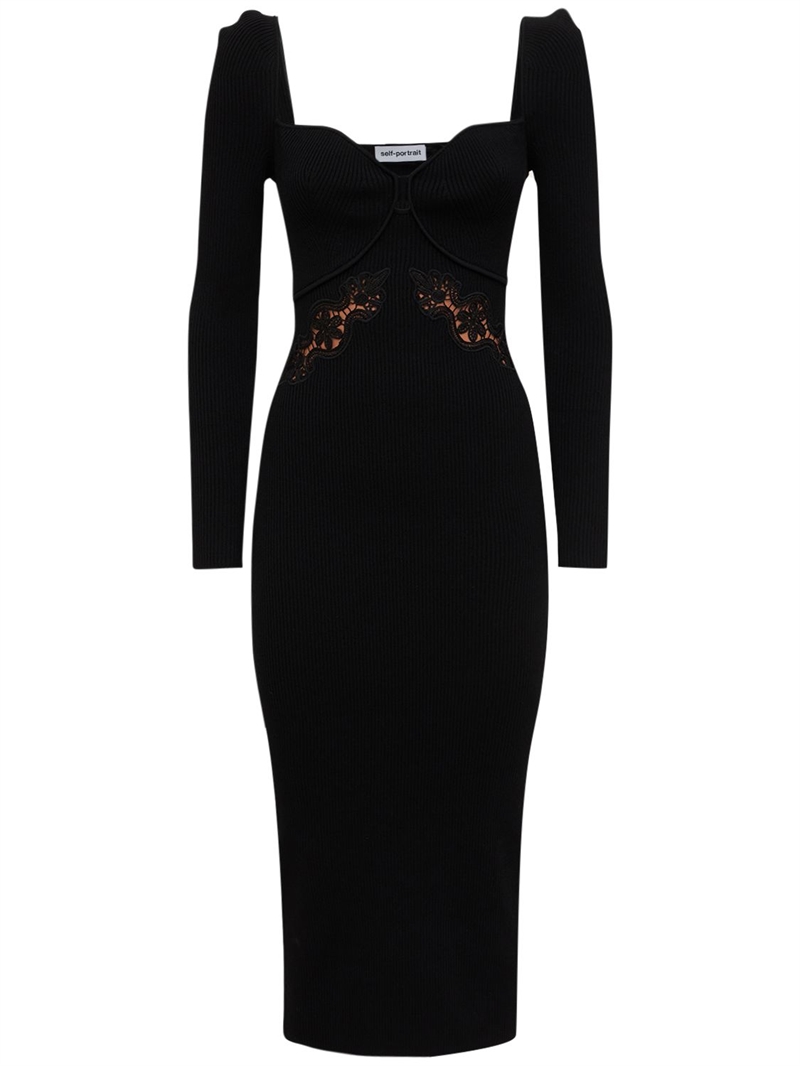 Self-portrait - Viscose blend lace rib knit midi dress - | Luisaviaroma