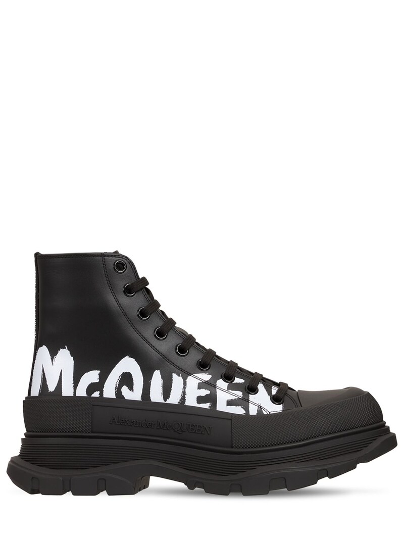 Alexander McQueen - Graffiti leather lace-up boot sneakers - Black ...