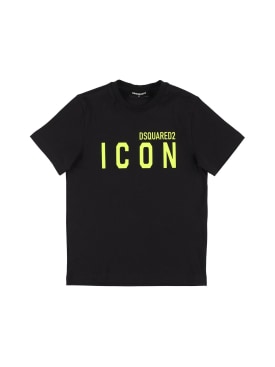Dsquared2: T-shirt en jersey de coton imprimé logo Icon - Noir/Jaune - kids-boys_0 | Luisa Via Roma