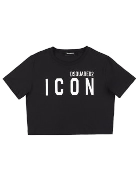 Dsquared2: Logo印花短款平纹针织T恤 - 黑色 - kids-girls_0 | Luisa Via Roma