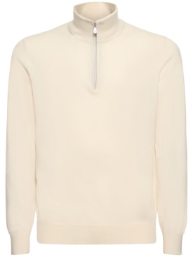 Brunello Cucinelli: Half zip cashmere turtleneck sweater - Ecru - men_0 | Luisa Via Roma
