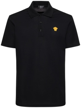 Versace: Logo cotton polo shirt - Black - men_0 | Luisa Via Roma
