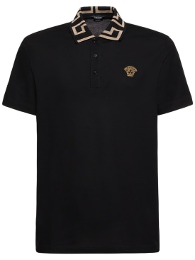 Versace: Logo cotton polo shirt - Black - men_0 | Luisa Via Roma