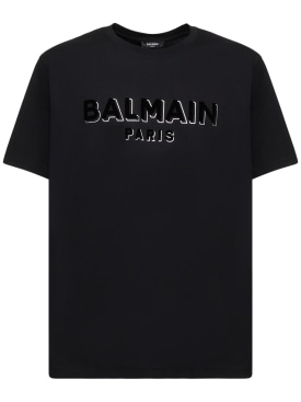 Balmain: 植绒&金箔logo T恤 - 黑色/银色 - men_0 | Luisa Via Roma