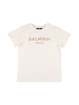 Balmain: Logo有机棉平纹针织T恤 - 白色 - kids-girls_0 | Luisa Via Roma