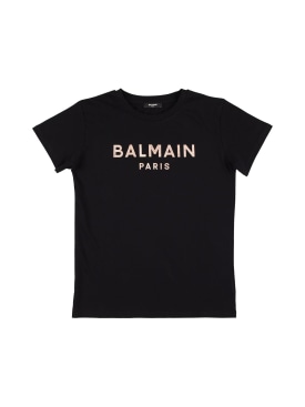 Balmain: Logo有机棉平纹针织T恤 - 黑色 - kids-girls_0 | Luisa Via Roma