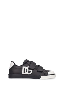 Dolce&Gabbana: Logo印花皮革粘扣运动鞋 - 黑色/白色 - kids-boys_0 | Luisa Via Roma
