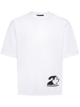 Dsquared2: T-shirt loose fit in jersey di cotone con stampa - Bianco - men_0 | Luisa Via Roma