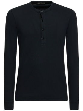 Tom Ford: Henley lyocell blend rib l/s t-shirt - Black - men_0 | Luisa Via Roma
