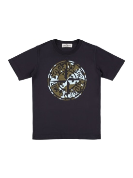 Stone Island: T-shirt en jersey de coton à logo - Bleu Marine - kids-boys_0 | Luisa Via Roma