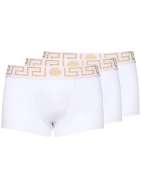 Versace: Pack of 3 Greca stretch cotton boxers - White/Gold - men_0 | Luisa Via Roma