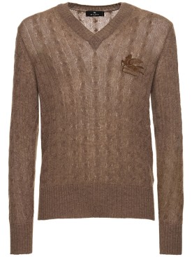 Etro: V neck cashmere logo knitwear - Camel - men_0 | Luisa Via Roma