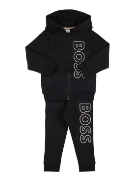 Boss: Sweat à capuche & pantalon en coton mélangé à logo - Noir - kids-boys_0 | Luisa Via Roma