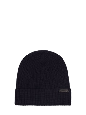 Brioni: Logo plaque wool knit hat - Midnight Blue - men_0 | Luisa Via Roma