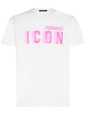 Dsquared2: T-shirt en coton imprimé Icon - Blanc/Fuchsia - men_0 | Luisa Via Roma