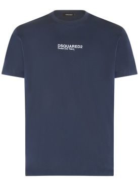 Dsquared2: 로고 프린트 코튼 저지 티셔츠 - 블루 네이비 - men_0 | Luisa Via Roma