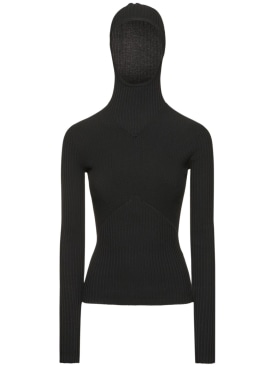 Andreadamo: Ribbed knit viscose blend hooded top - Black 004 - women_0 | Luisa Via Roma