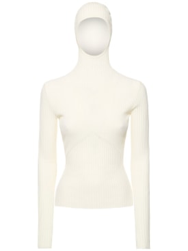 Andreadamo: Ribbed knit viscose blend hooded top - Ivory - women_0 | Luisa Via Roma