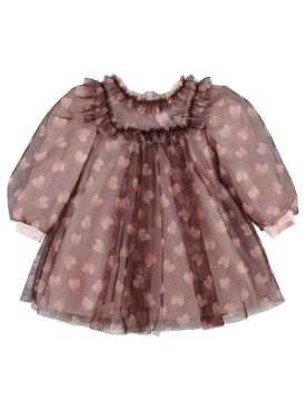 Monnalisa: Heart printed glittered tulle dress - Brown - kids-girls_0 | Luisa Via Roma