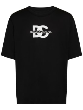 Dolce&Gabbana: Logo棉质平纹针织T恤 - 黑色 - men_0 | Luisa Via Roma