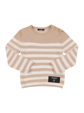 Balmain: Stiped knit cotton sweater - White/Beige - kids-girls_0 | Luisa Via Roma