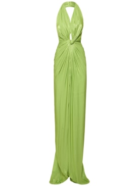 Costarellos: Colette lurex georgette knot h/neck gown - Light Green - women_0 | Luisa Via Roma