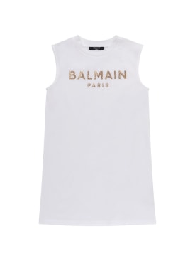 Balmain: Embellished logo cotton jersey dress - White/Gold - kids-girls_0 | Luisa Via Roma