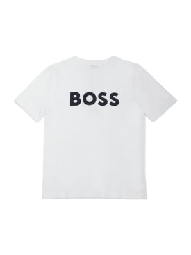 Boss: T-shirt en jersey de coton à imprimé logo - Blanc - kids-boys_0 | Luisa Via Roma