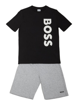 Boss: Camiseta y shorts de jersey de algodón - Negro/Gris - kids-boys_0 | Luisa Via Roma