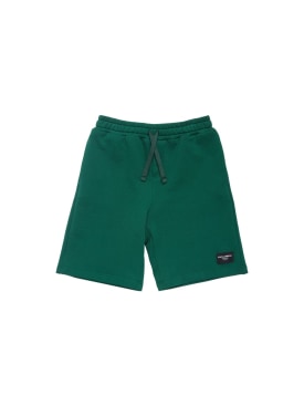 Dolce&Gabbana: Logo印花棉质平纹针织短裤 - 深绿色 - kids-boys_0 | Luisa Via Roma