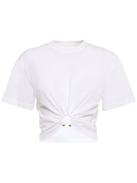 Rabanne: Logo cotton crop t-shirt w/ ring - Black - women_0 | Luisa Via Roma