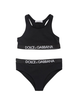 Dolce&Gabbana: Logo cotton blend bra & briefs - Black - kids-girls_0 | Luisa Via Roma