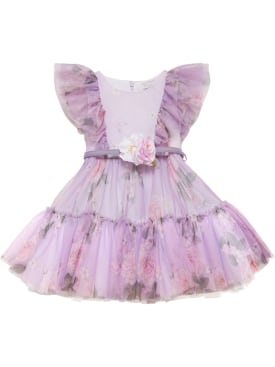 Monnalisa: Printed stretch tulle dress w/ ruffles - Purple/Multi - kids-girls_0 | Luisa Via Roma