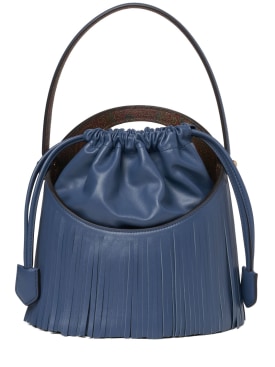 Etro: Medium Saturno fringes bucket bag - Blue - women_0 | Luisa Via Roma