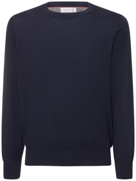 Brunello Cucinelli: Suéter de algodón con cuello redondo - Azul Marino - men_0 | Luisa Via Roma