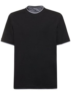 Brunello Cucinelli: 层叠棉质平纹针织纯色T恤 - 黑色 - men_0 | Luisa Via Roma