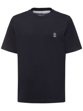 Brunello Cucinelli: T-Shirt aus Baumwolljersey mit Logo - Dunkelblau - men_0 | Luisa Via Roma