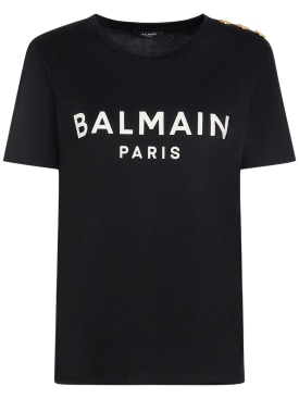 Balmain: T-shirt en coton imprimé logo - Noir - women_0 | Luisa Via Roma