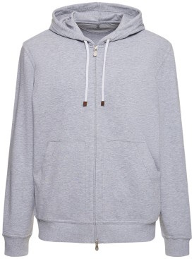 Brunello Cucinelli: Cotton blend zipped hoodie - Grey - men_0 | Luisa Via Roma