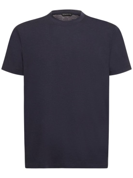 Tom Ford: T-shirt en coton mélangé à col ras-du-cou - Bleu Foncé - men_0 | Luisa Via Roma