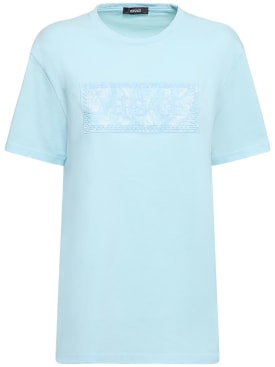 Versace: Barocco logo cotton jersey t-shirt - Light Blue - women_0 | Luisa Via Roma